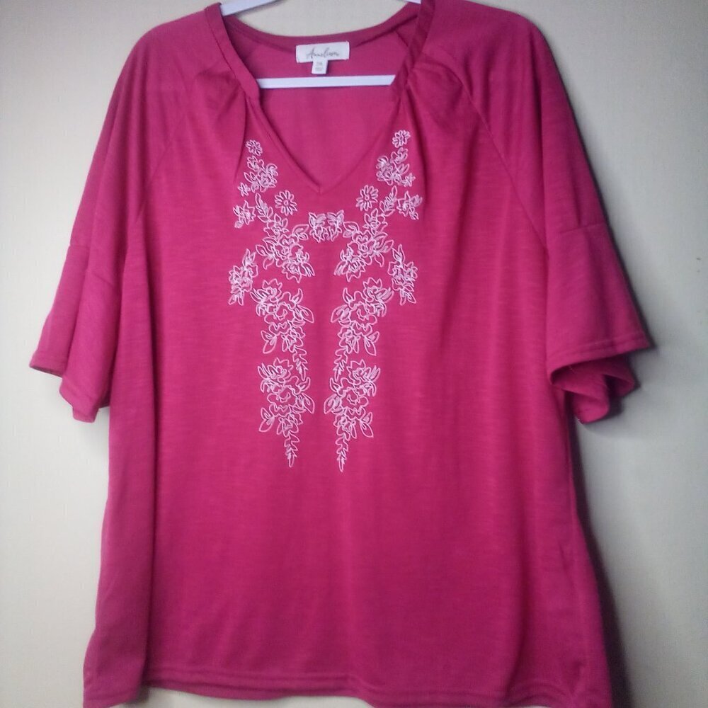 Anneliese Blouse Shirt Women 2XL Short Belle Sleeve V-Neck Embroidery Pink